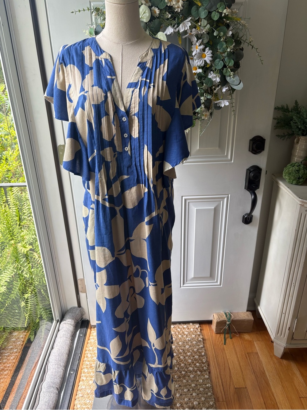 Anthropologie Blue and Cream Floral Maxi Dress